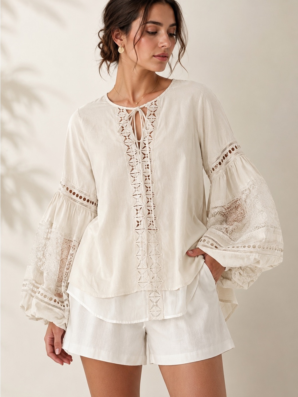 Silvia Tcherassi Cream Lace-Trim Peasant Blouse